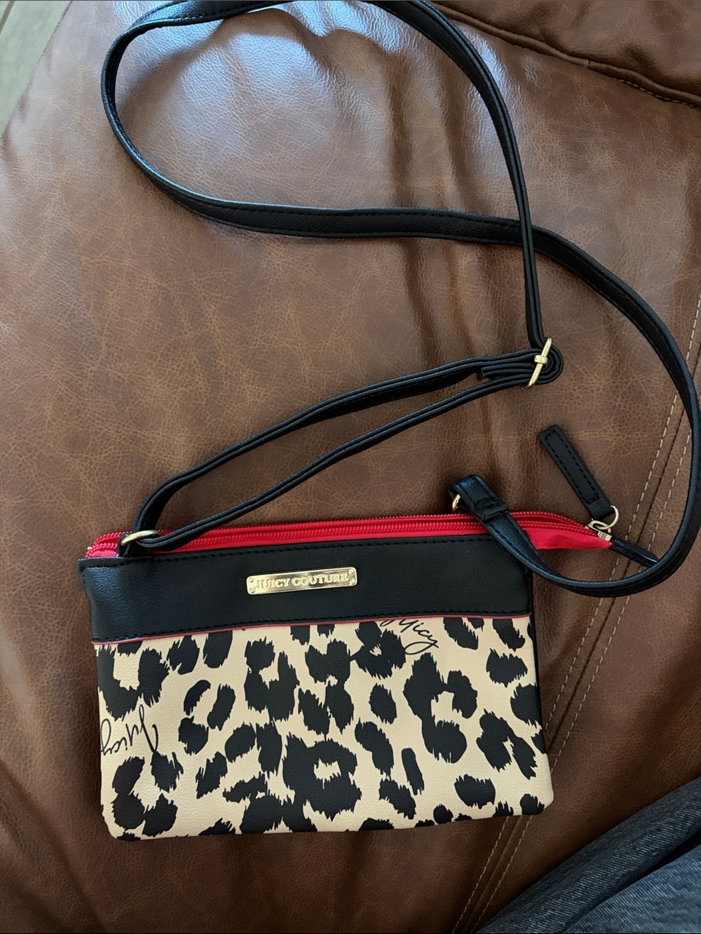 Juicy Couture Black and Cream Leopard Print Crossbody with Red Zipper